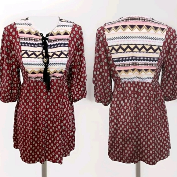 Mi-in Ces Femme Aztec Embroidered Boho Festival Peasant Women's Tunic Top Medium - Picture 1 of 5